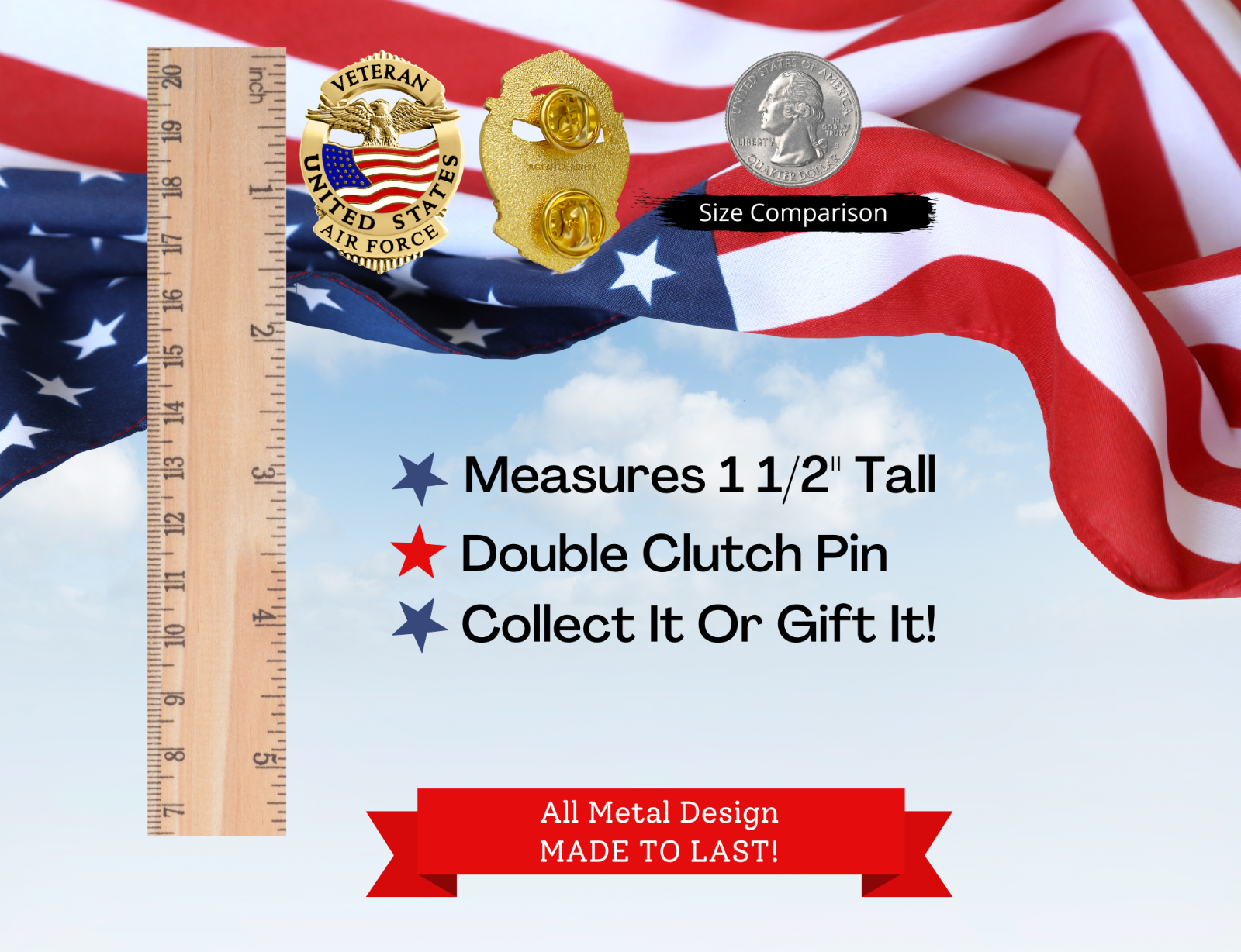 Air Force Veteran Pin - United States Military Lapel Pin - Gold Tone