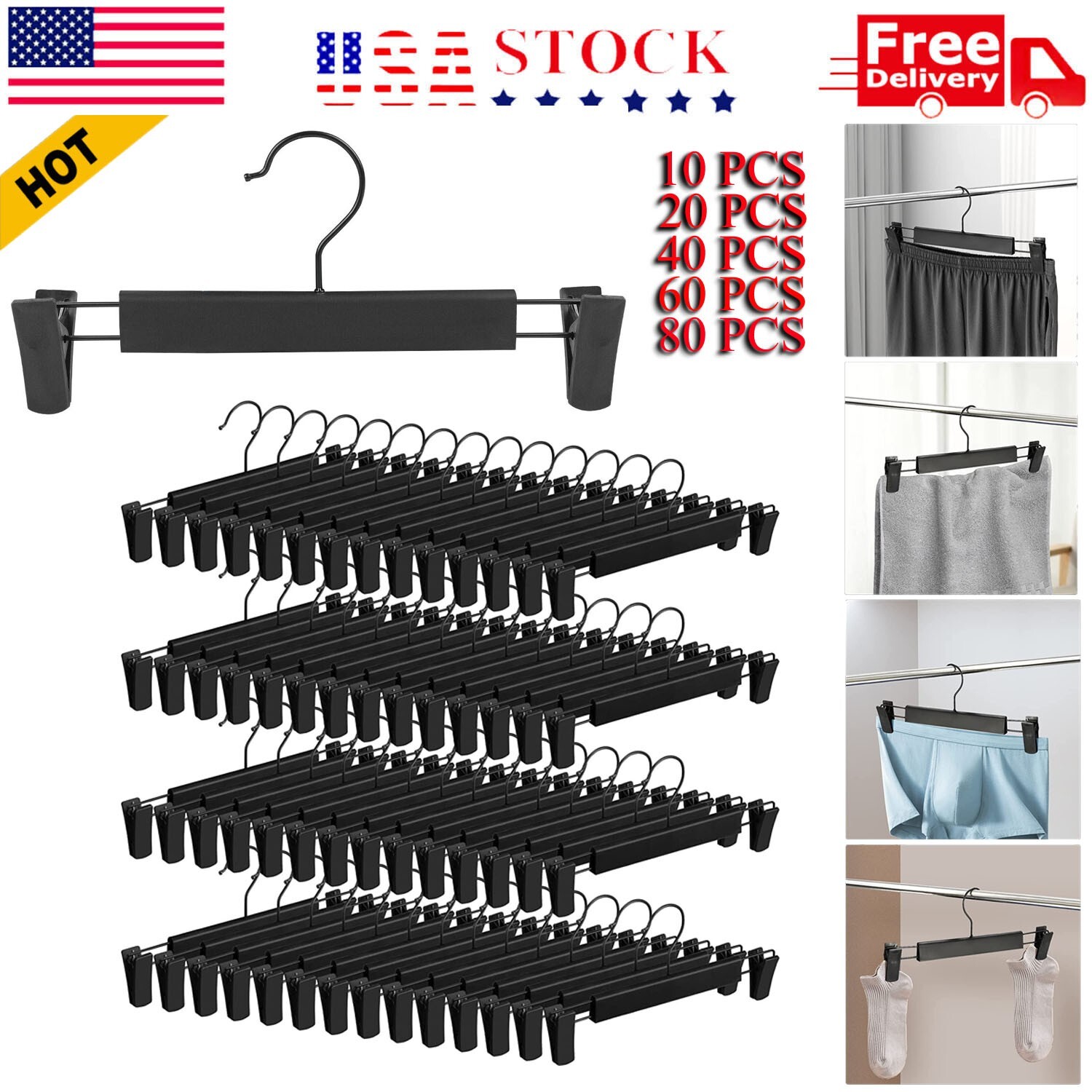 10-80 Pack Adjustable Clip Clothes Pants Hanger Trousers Skirt Dress Slack Rack