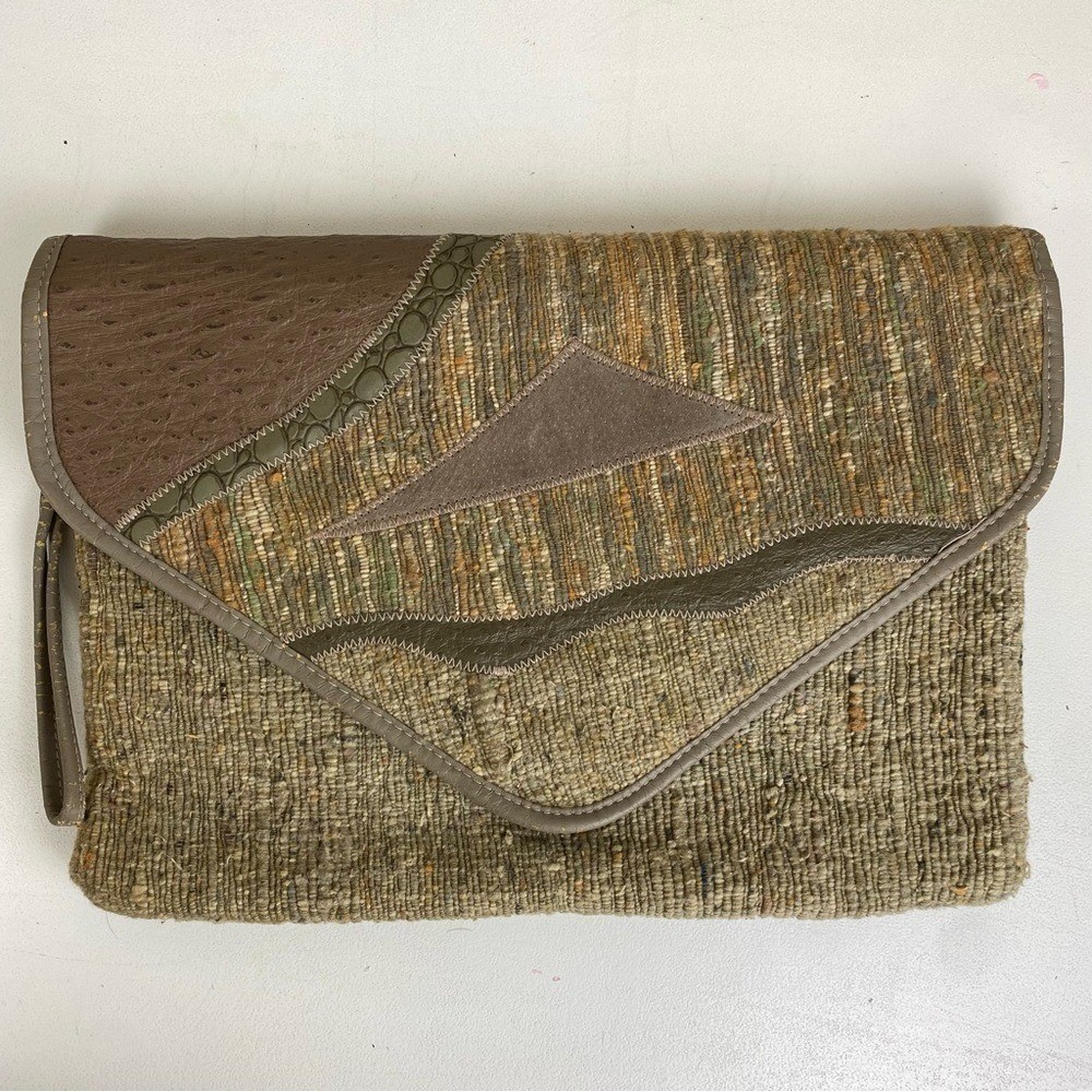 Vintage 80s Bagland Faux Leather Tapestry Patchwork Large Clutch Purse Wristlet