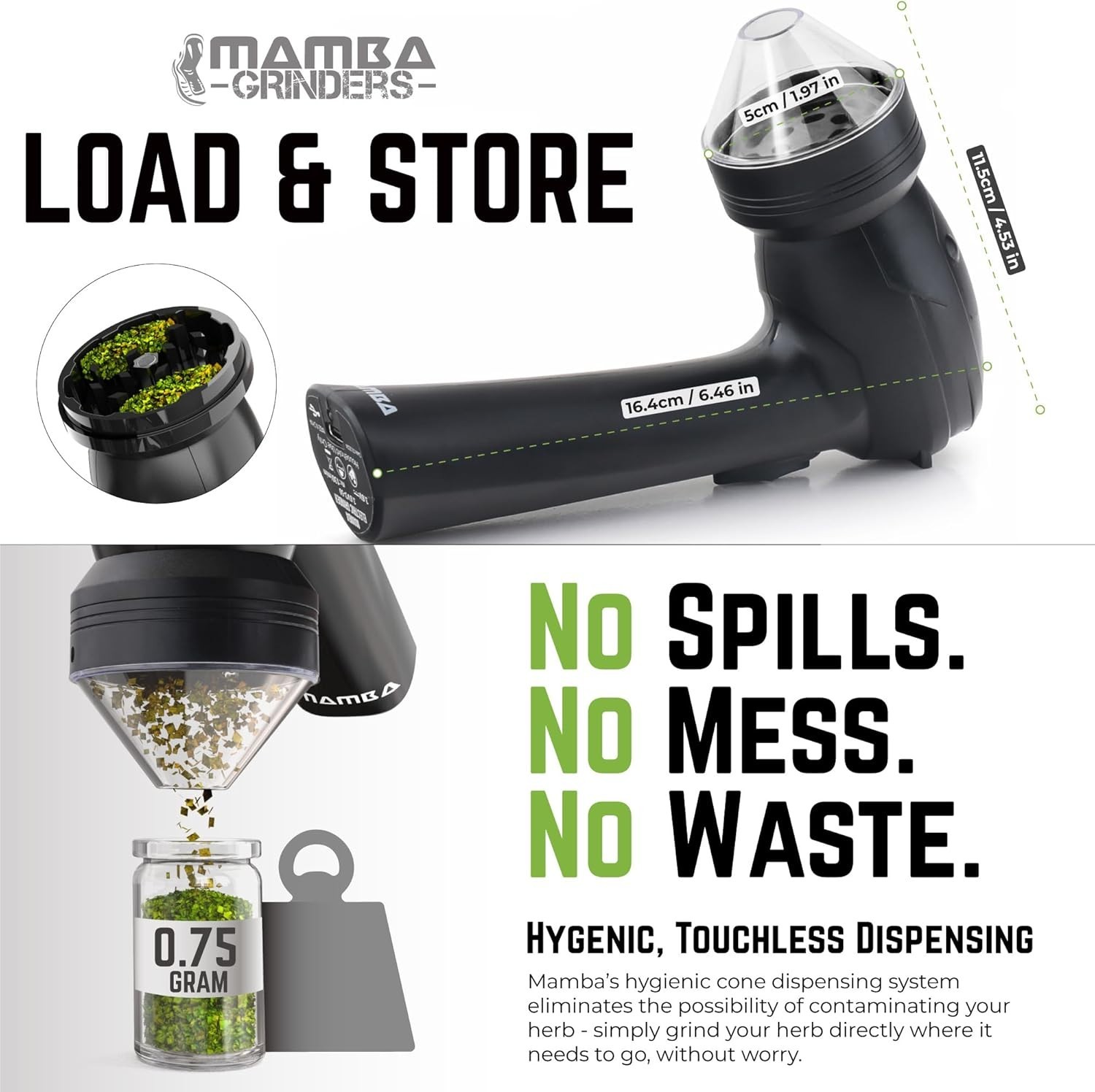 Mamba Lite USB Electric Herb Grinder 0.75g All Plastic Small Portable Black