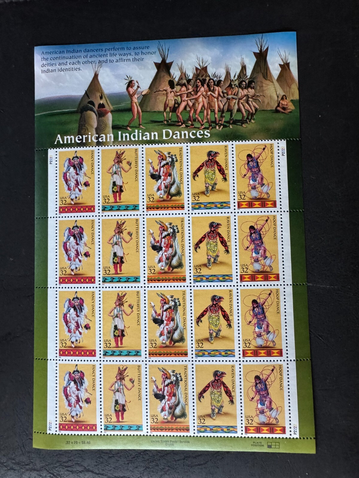 Scott #3072-76 American Indian Dances Pane of 20 32¢ Stamps (1996)