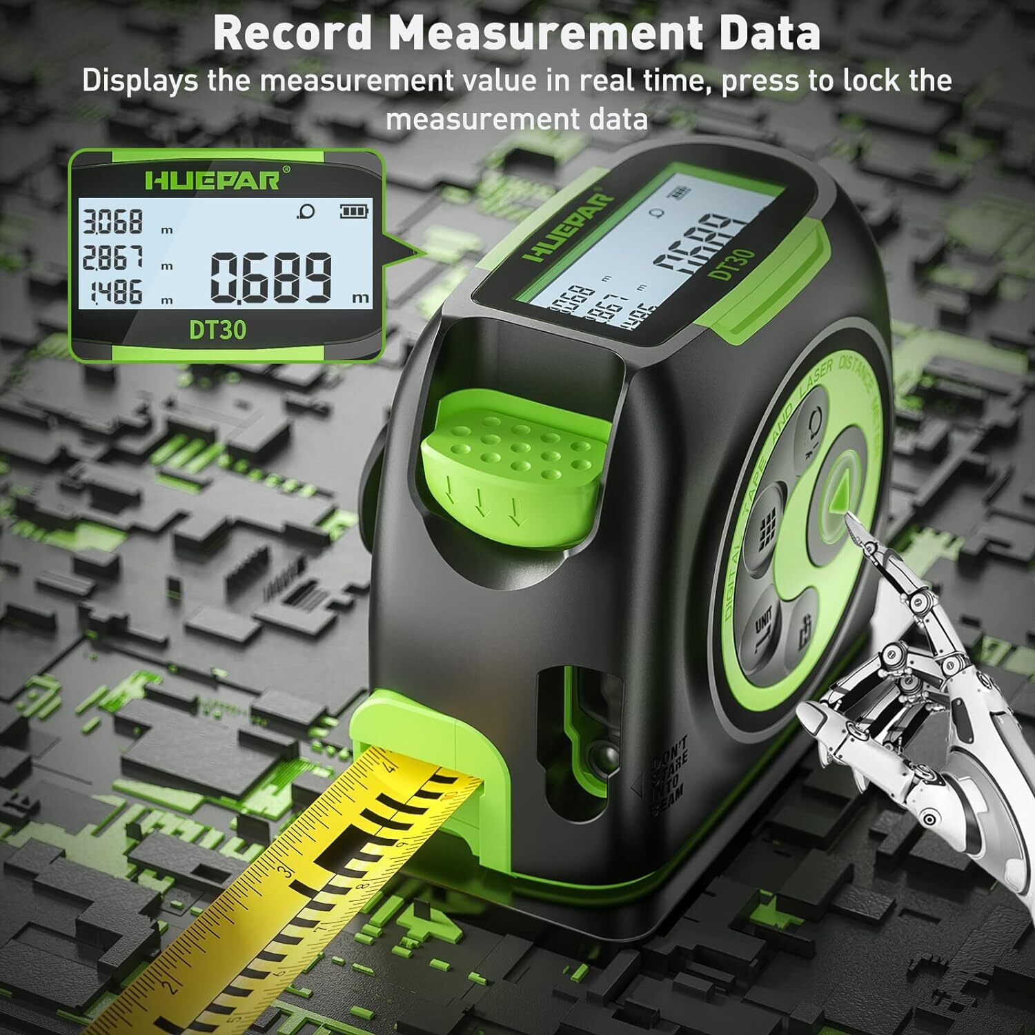Huepar 2-in-1 Laser Tape Measure,197Ft Rechargeable Laser Measurement Tool & LCD