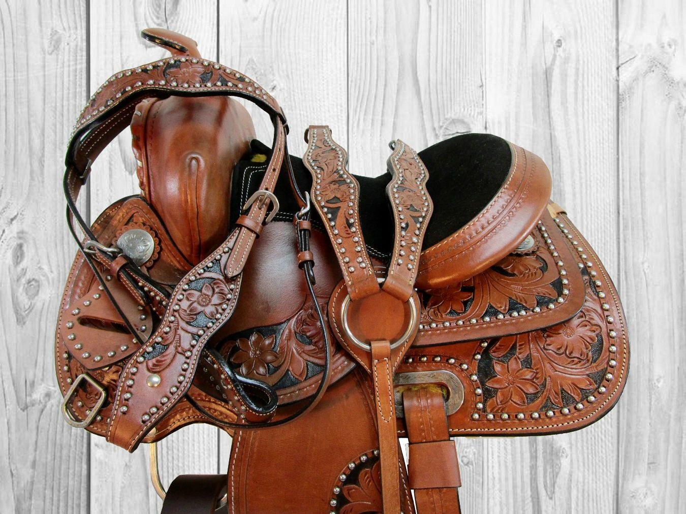13 12 PONY WESTERN SADDLE PLEASURE FLORAL TOOLED LEATHER TRAIL BARREL RACING SET