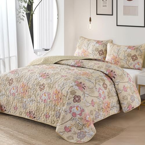 Floral Quilt Set Size Botanical Bedspread Bedding Sets Soft Queen Khaki