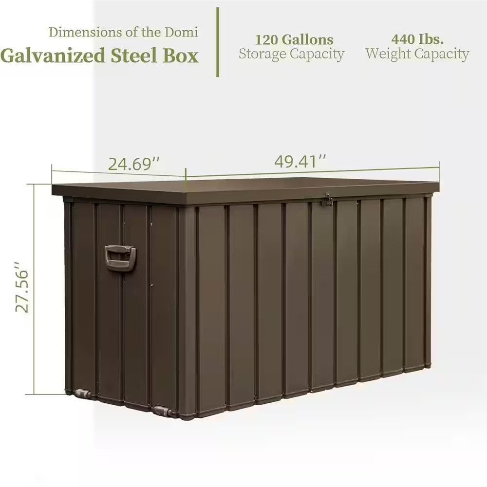 120 Gal. Dark Brown Steel Deck Box, Outdoor Waterproof Large Patio Storage Bin f