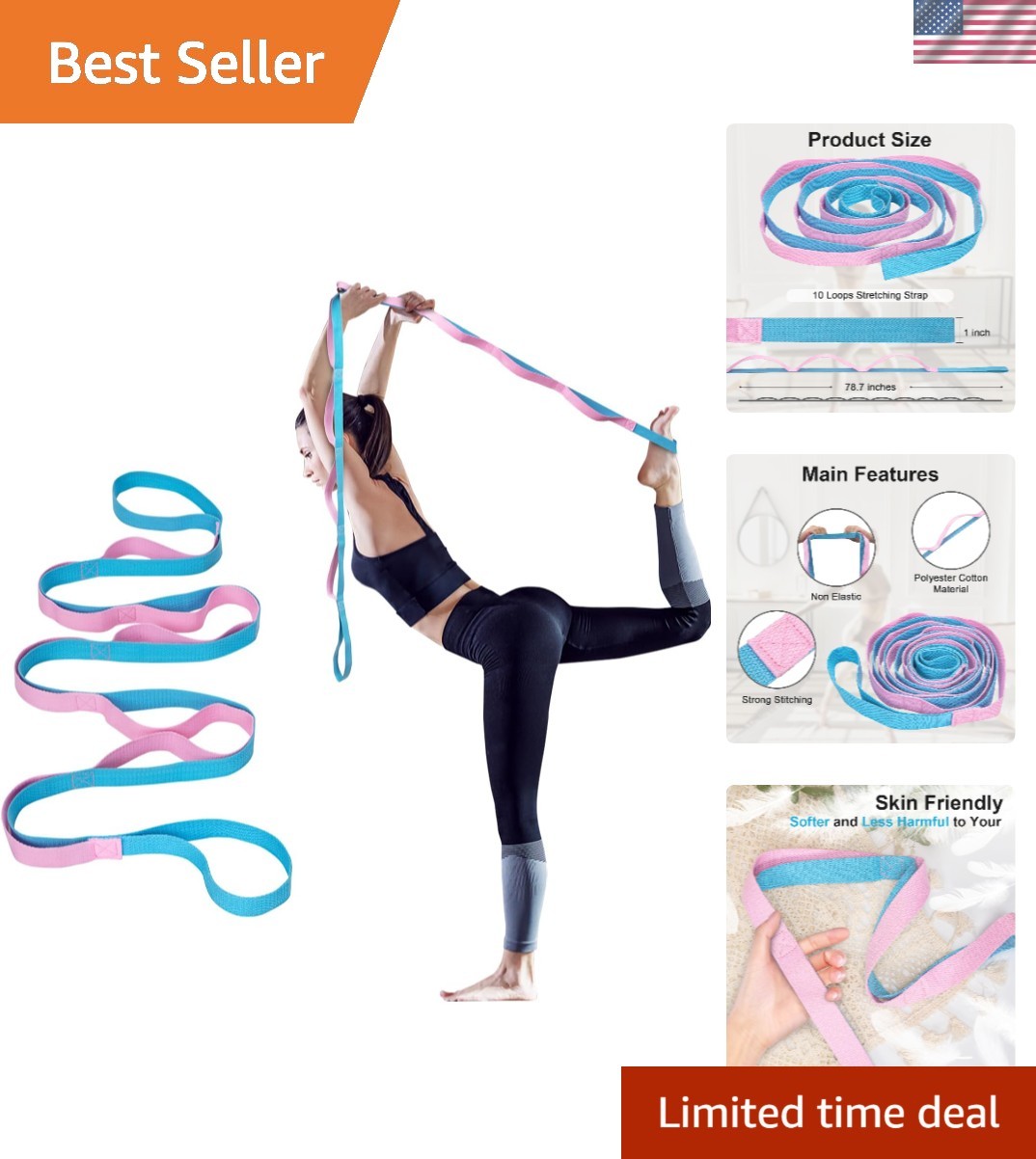 Versatile Yoga Strap with 10 Loops - 78.7 Inches for Stretching & Flexibility