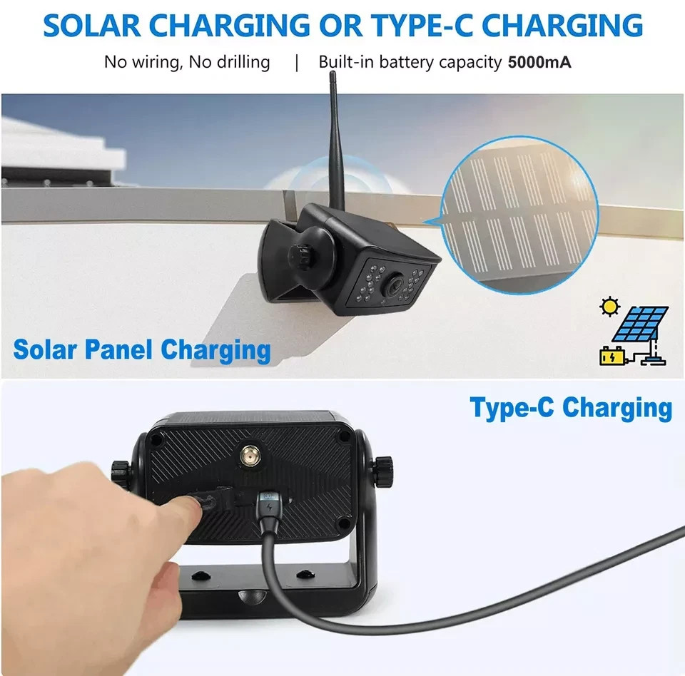 Magnetic Solar Wireless 1080P Backup Camera+7'' Monitor DVR for trailer RV truck