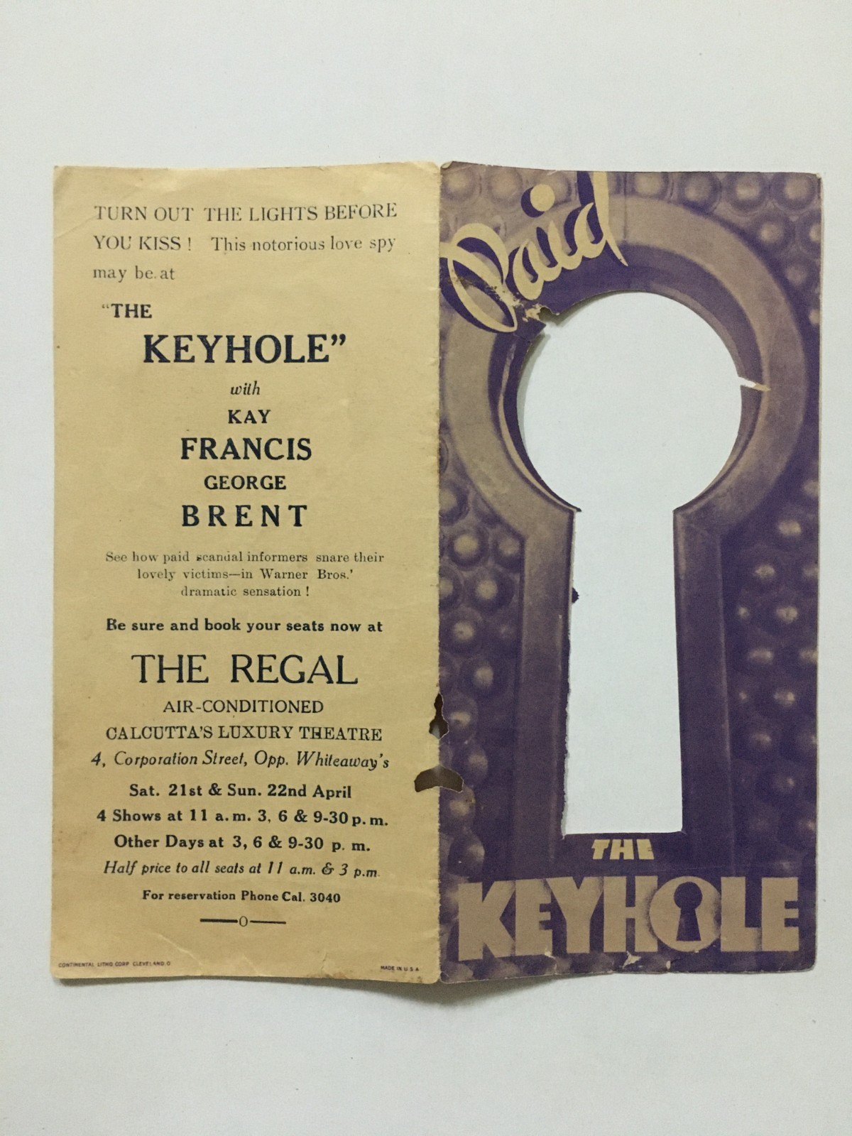 1933 Hollywood Movie Herald THE KEYHOLE. Kay Francis George Brent- India release