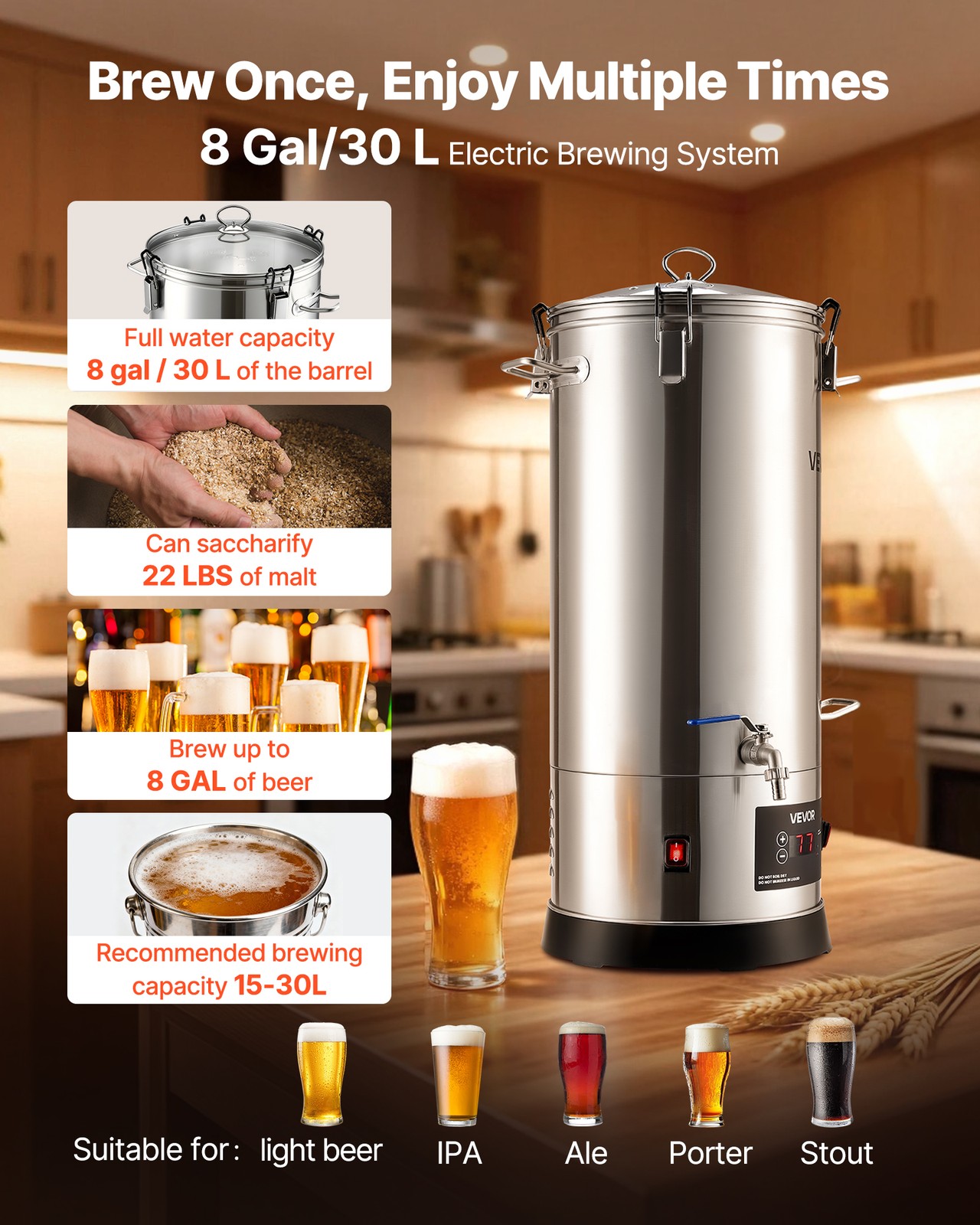 VEVOR Electric Brewing System Home Beer Brewing Machine 8 Gal/30L Brewing Pot