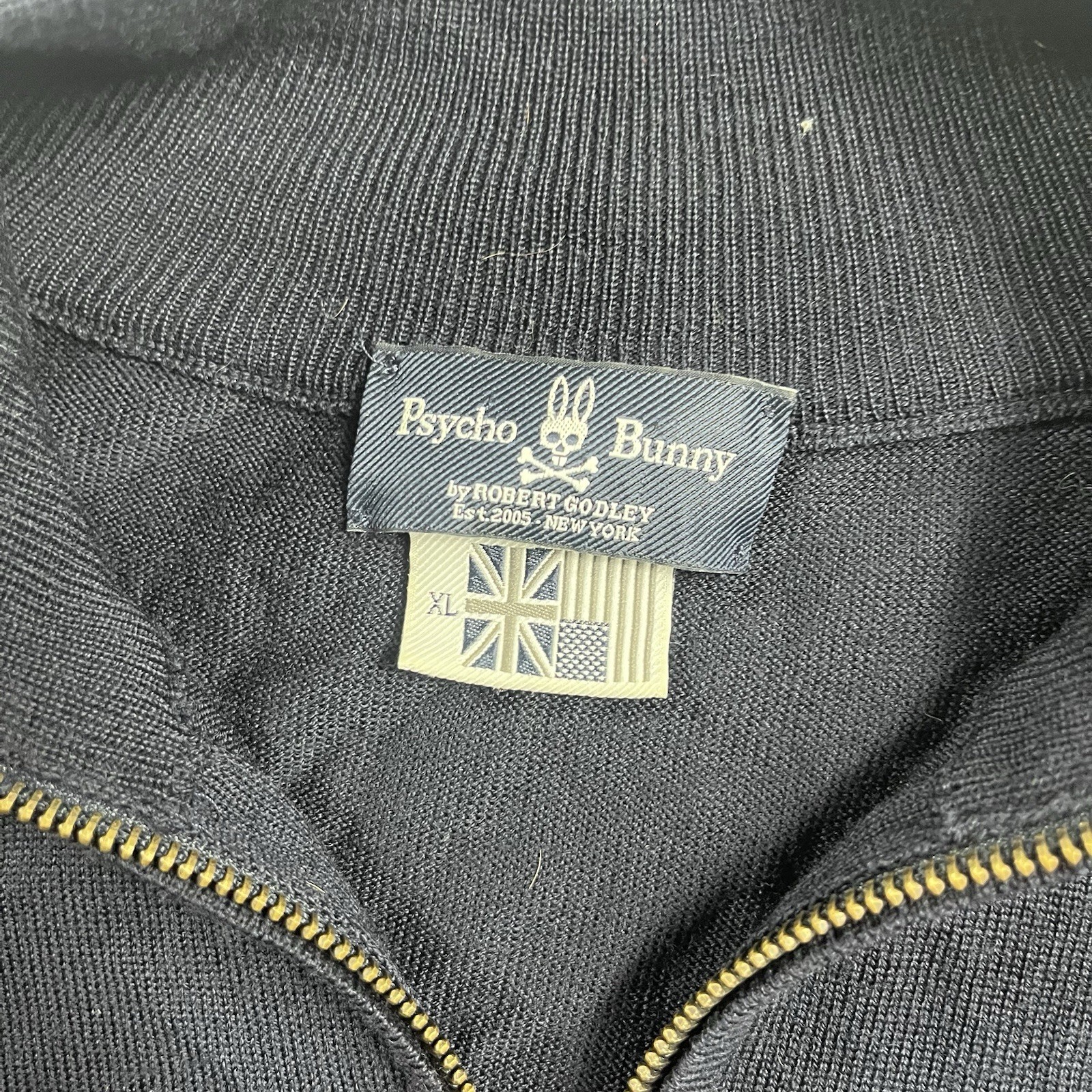 Psycho Bunny Mens XL Merino Wool Quarter Zip Mock Neck Blue Sweater Preppy