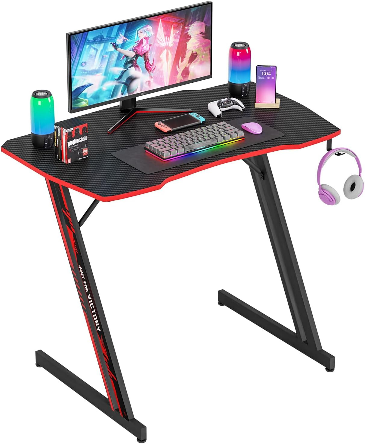 35 Inch Modern Z-Shaped Gaming Desk Computer Desk for Home Office with Headphone