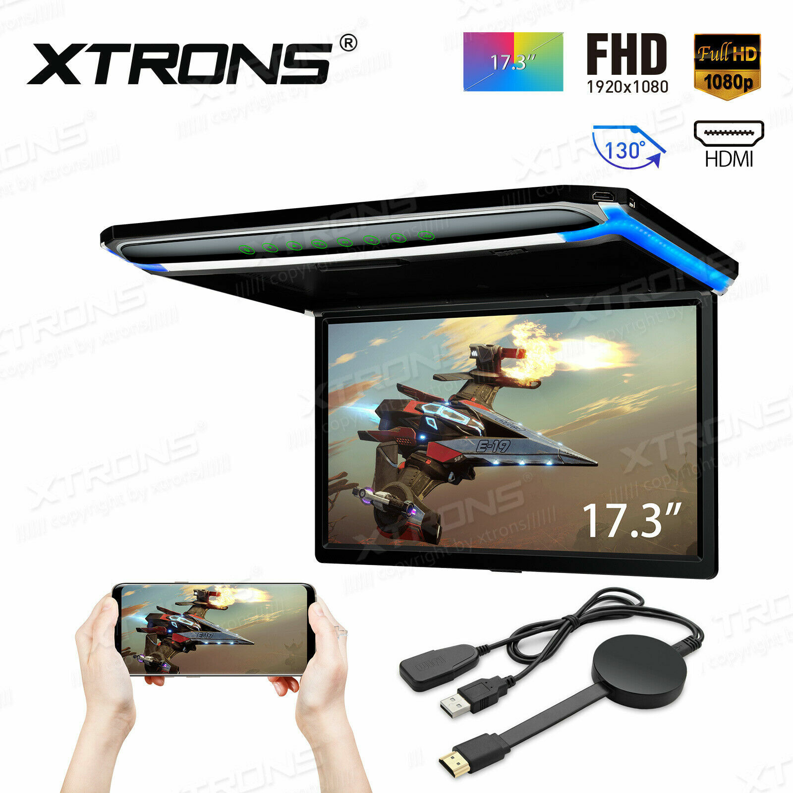 17.3" HDMI Car Roof Overhead Flip Down Monitor Full HD 1080P + Miracast Dongle