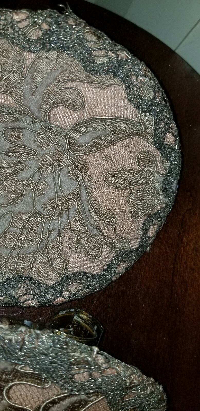 ANTIQUE PAIR FRENCH METALLIC LACE EMBROIDERED CANDLE SHADE SHIELDS HALF SHADES