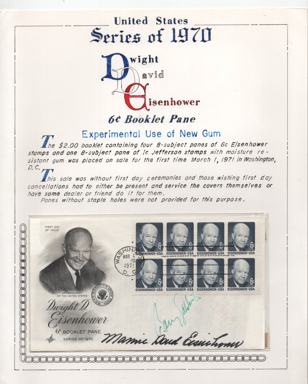 US 1971 MAMIE DOUD EISENHOWER AUTOGRAPH ON FDC OF PRESIDENT EISENHOWER BOOKLET