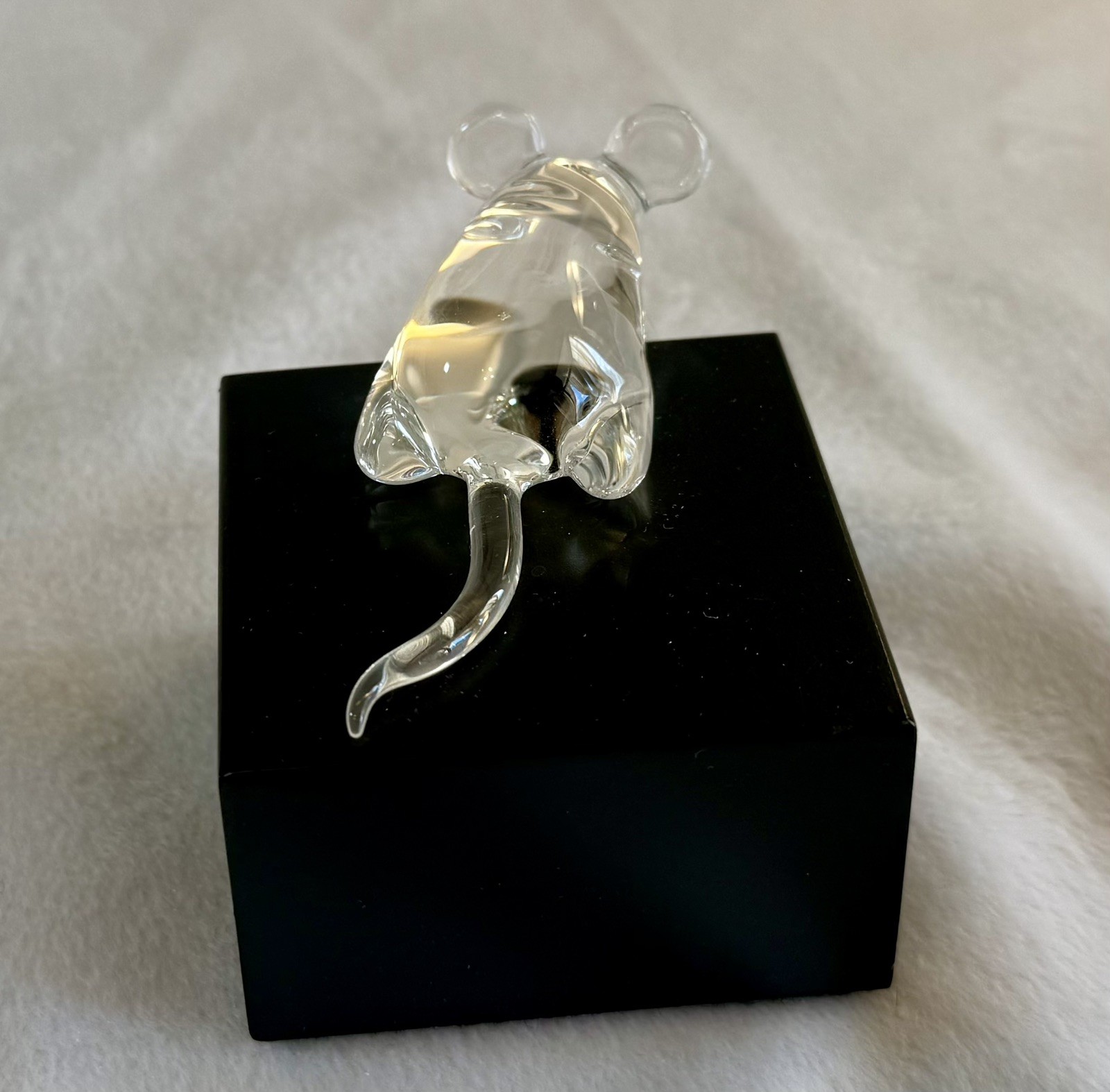 Frabel Glass Sculpture Mouse on Black Wood Base Signed 1989