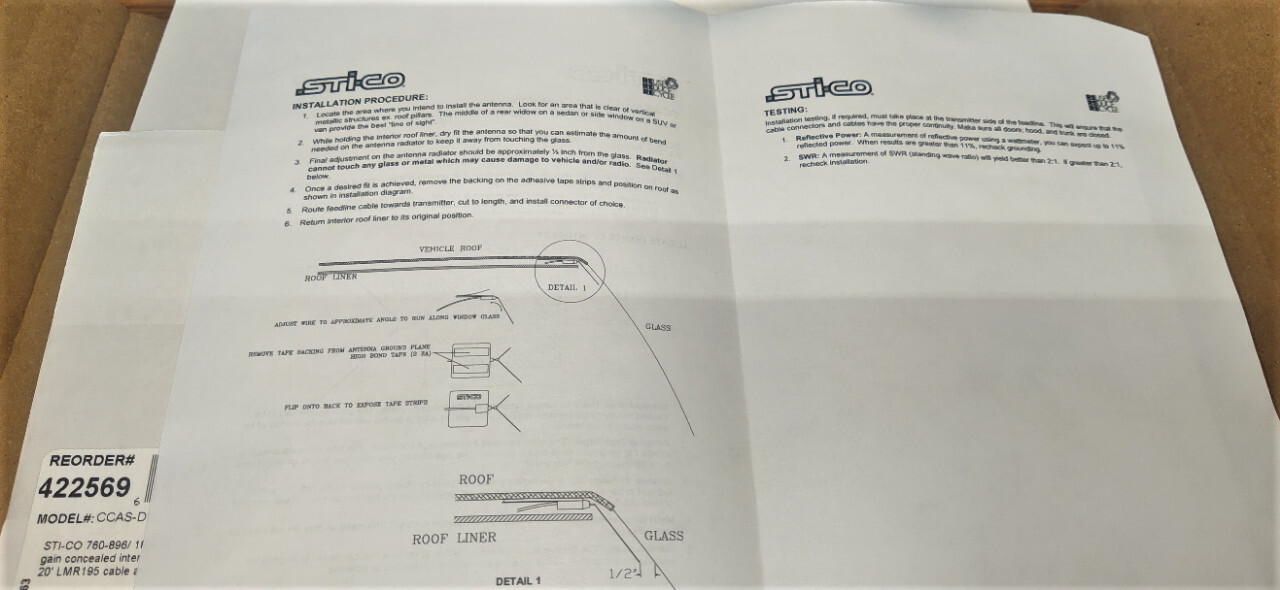 STI-CO CONCEALED RADIO/CELLULAR/MOBILE DATA ANTENNA CCAS-DB-7-800/PCS DUAL-BAND