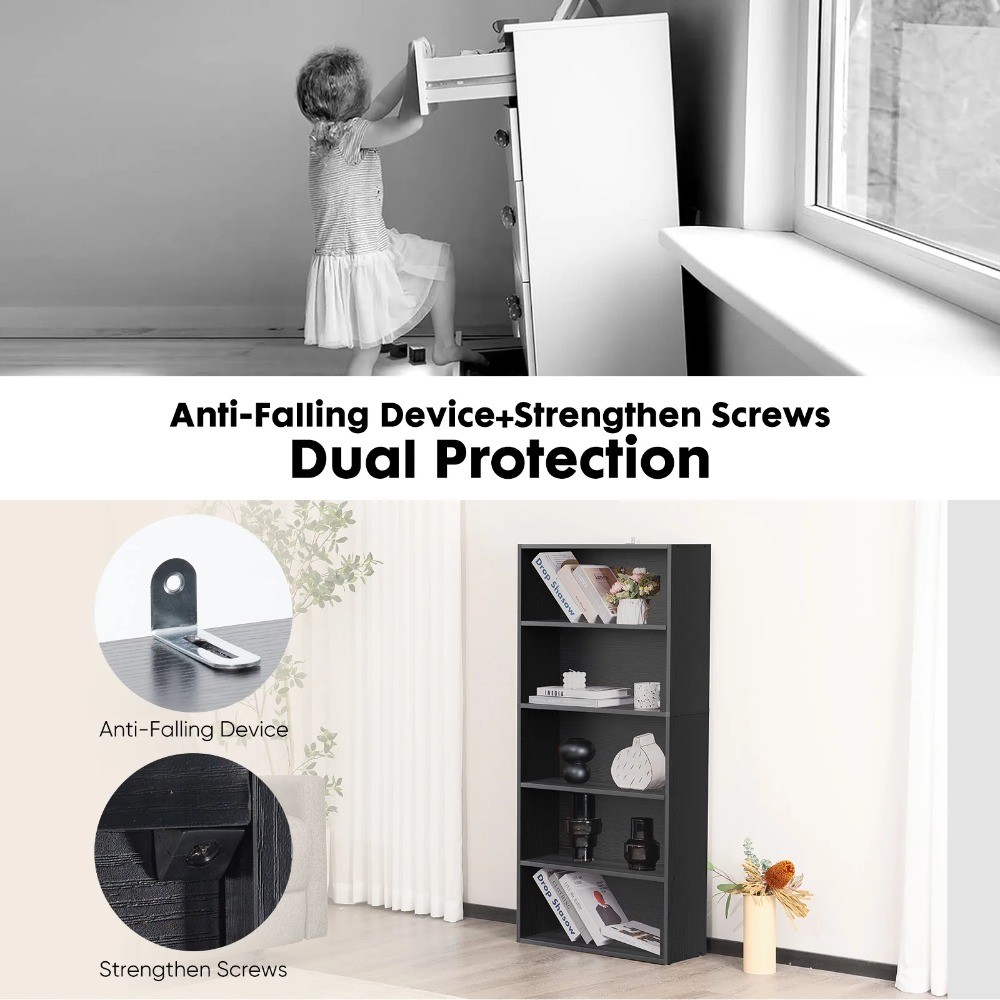 5-Tier Bookshelves with Adjustable Shelves,Black