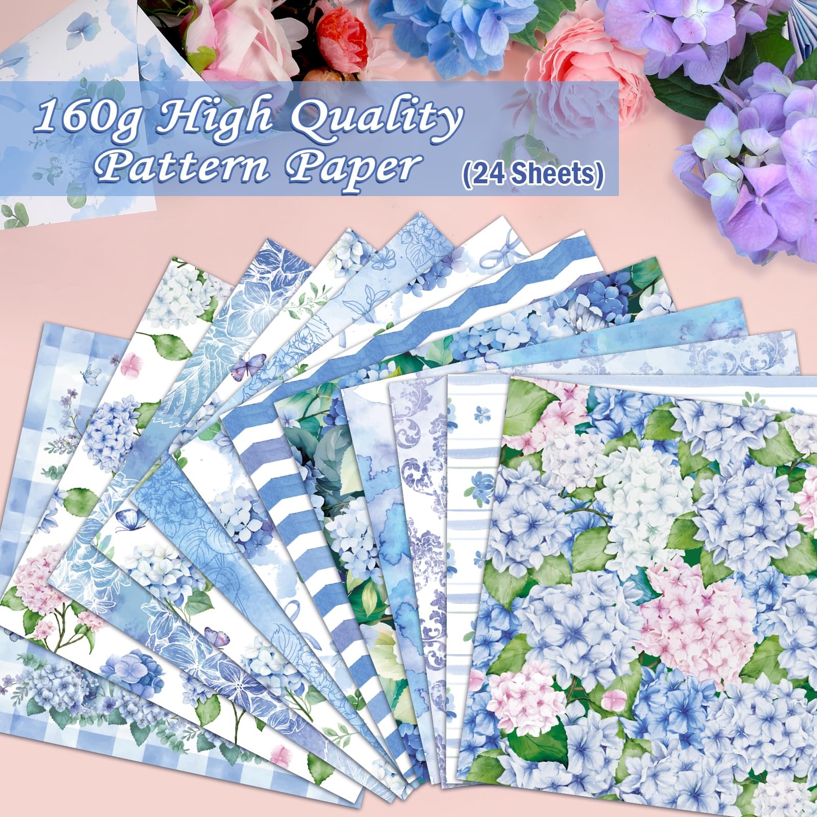 New Konsait 24 Sheets Hydrangea Scrapbook Paper 12x12 Double Sided Blue Pattern