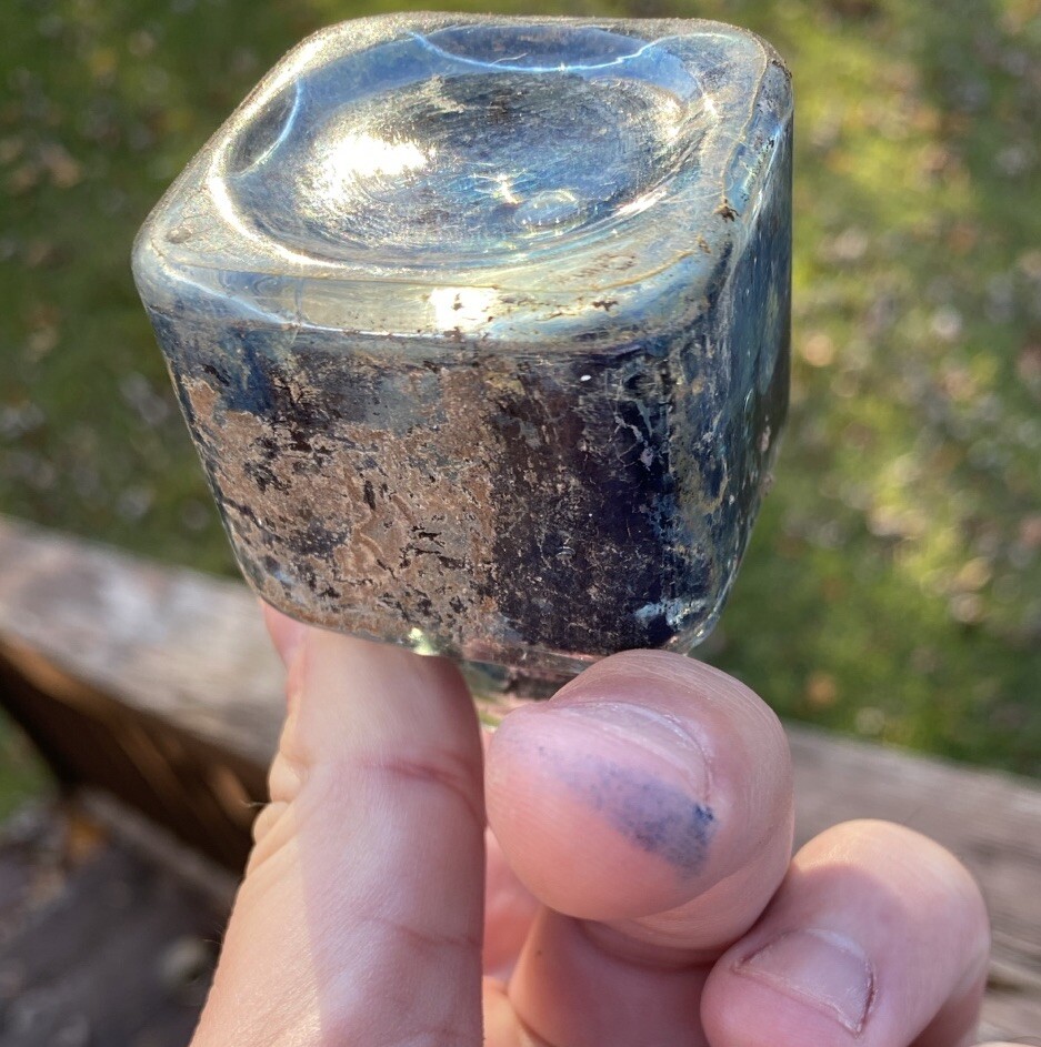 Clear Inkwell With Blue Ink And Partial Label