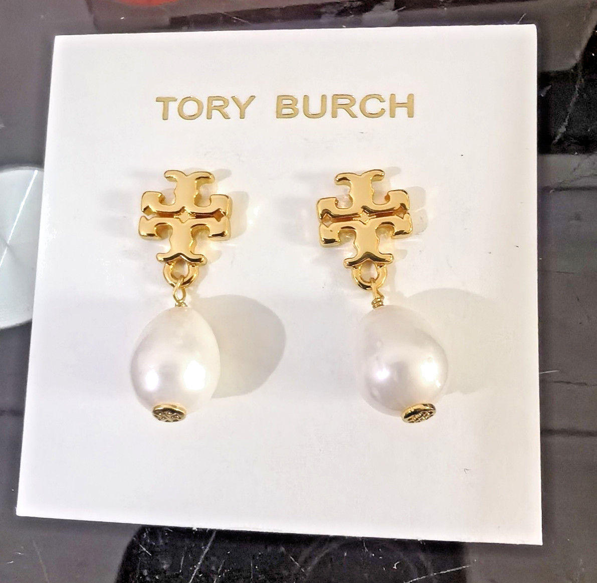 Authentic Tory Burch TB logo white Ellipse pearl earrings