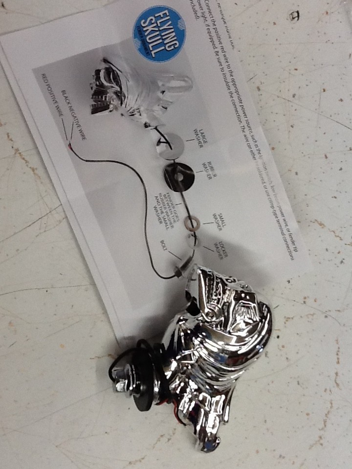 NEW NOS Vtg Flying Skull Chrome Motorcycle Bike Fender Ornament  w/ Red LED Eyes