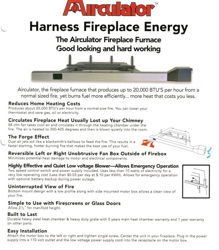 Airculator Masonry Wood Fireplace Blower Heat Exchanger Add 20K Btu's HE14501