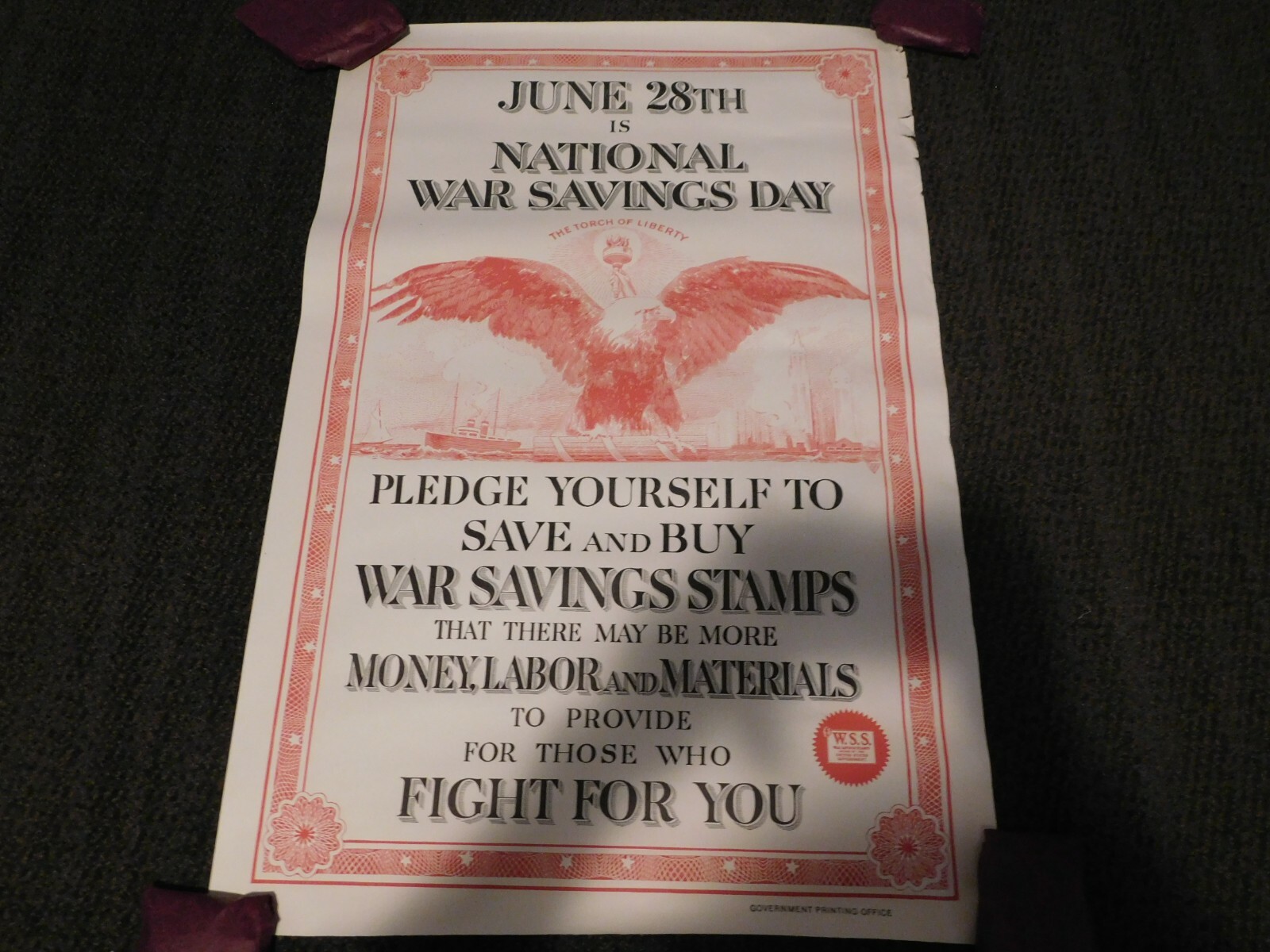 VINTAGE WWI WORLD WAR 1 NATIONAL WAR SAVINGS DAY  WSS FIGHT FOR YOU EAGLE POSTER