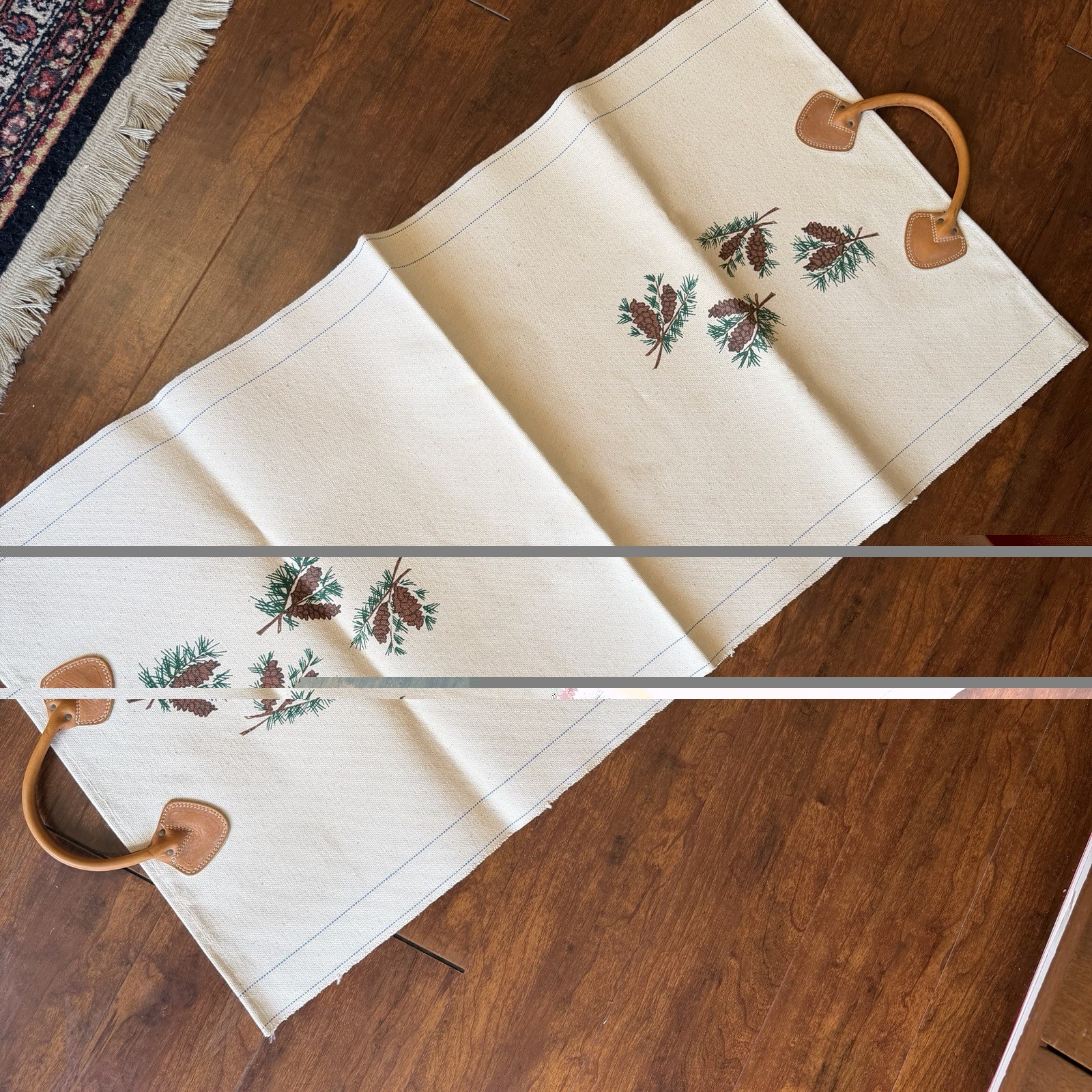 L.L.Bean Canvas Firewood Holder Carrier Pine Cone Design Leather Handles Vintage