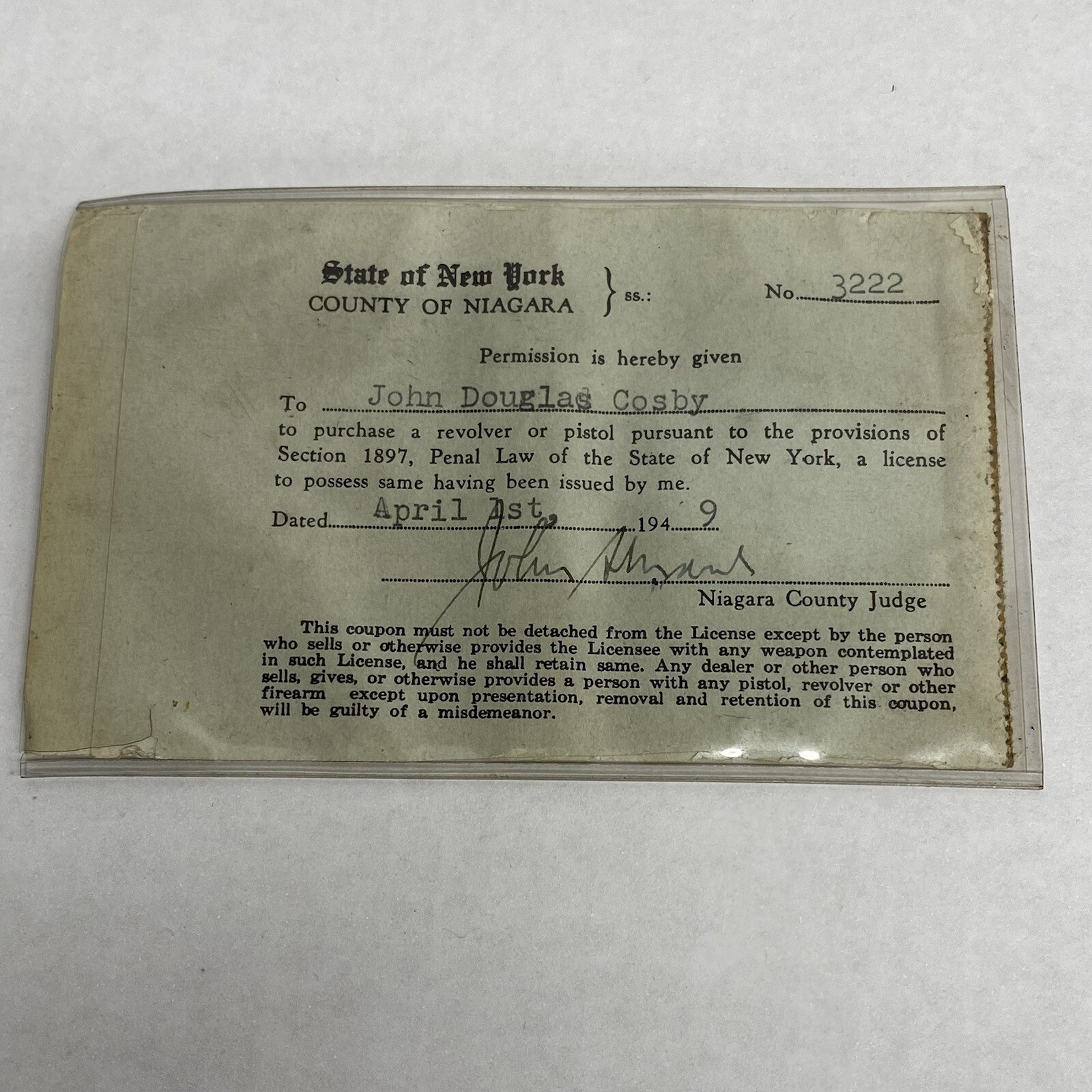 Vtg 1949 State of New York License to Carry Pistol Firearms Handgun Permit Photo