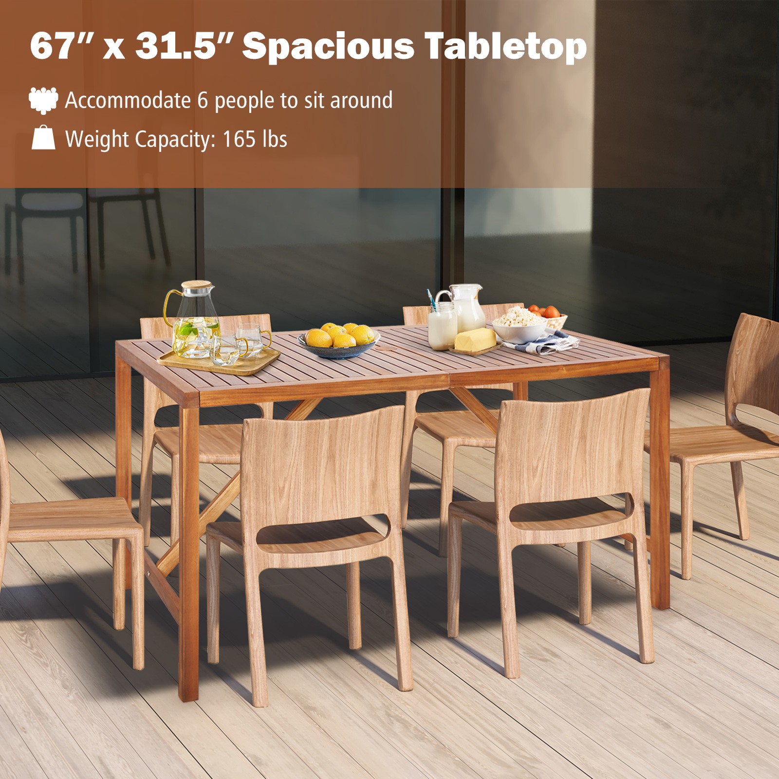 Patio Rectangle Acacia Wood Dining Table Spacious Slatted Top Up to 6 Outdoor