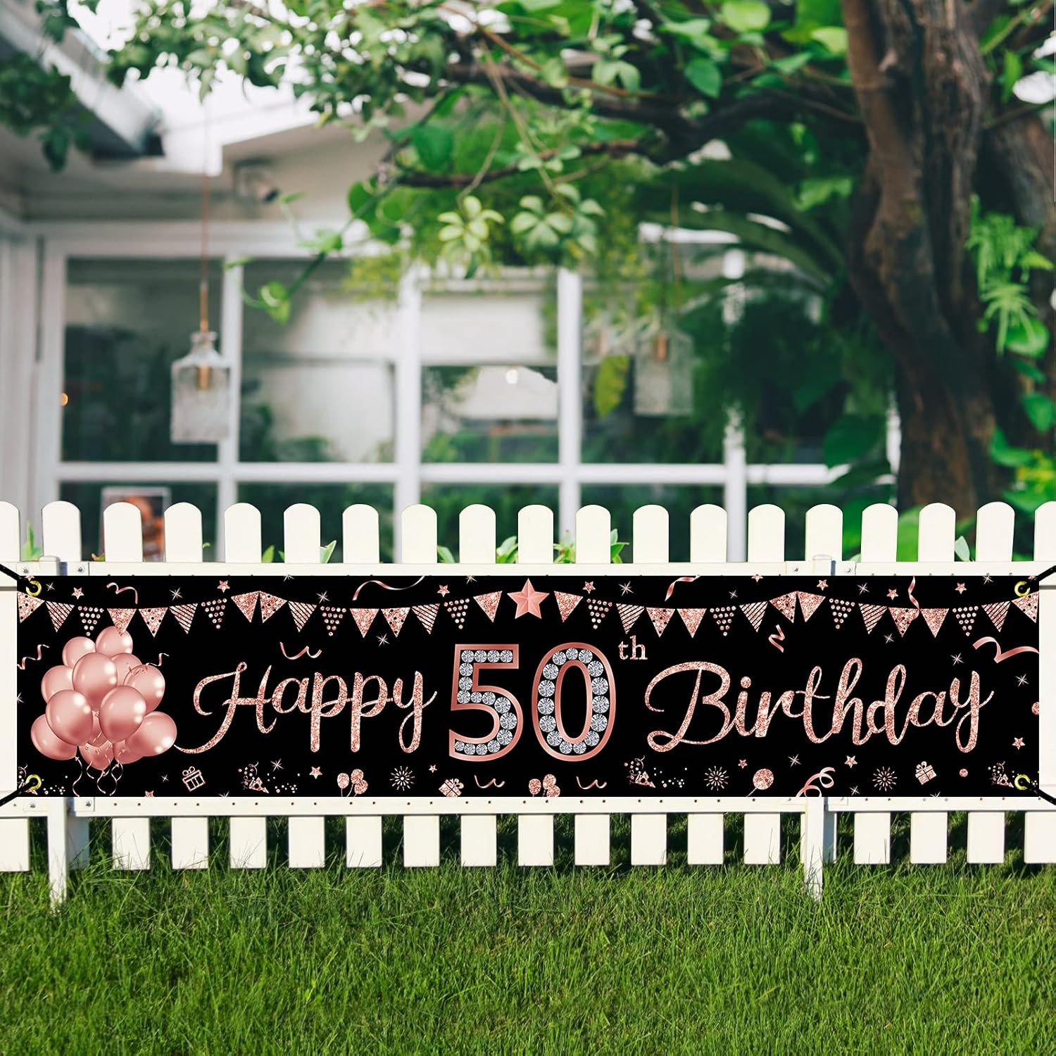 Happy 50th Birthday Banner Decorations for Women, Rose Gold 50 Birthday Sign Par