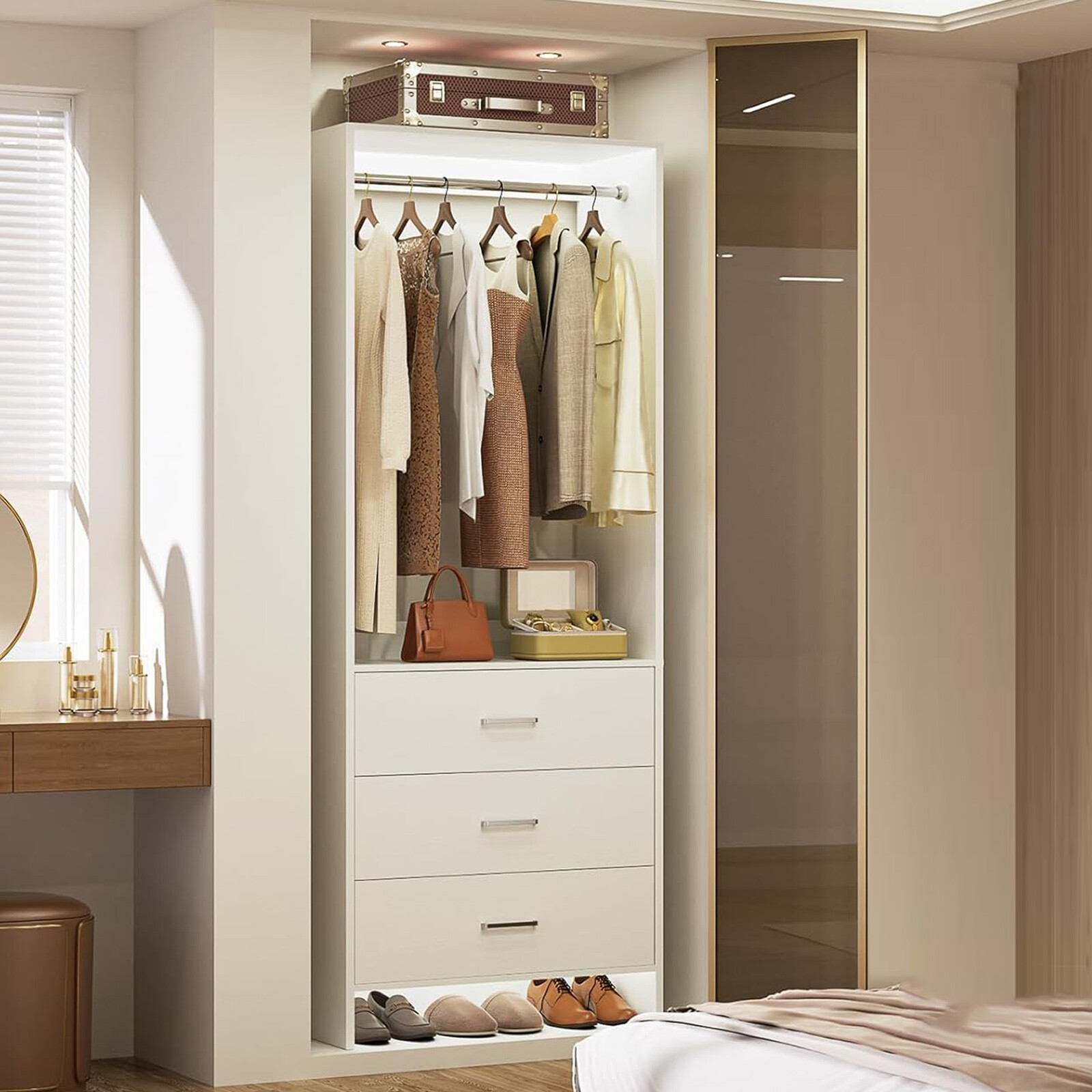 2FT Closet System with 3 Drawers ＆ Hanging Rod, 24'' Small Wardrobe Clothes Rack