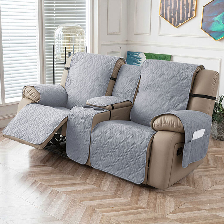 100% waterproof recliner cover double with center console, strap design