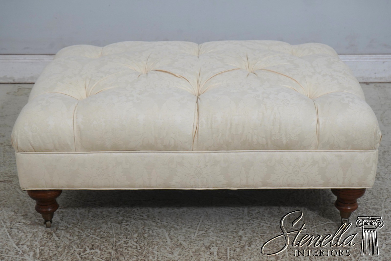 70448: ETHAN ALLEN Off White Tufted Damask Ottoman