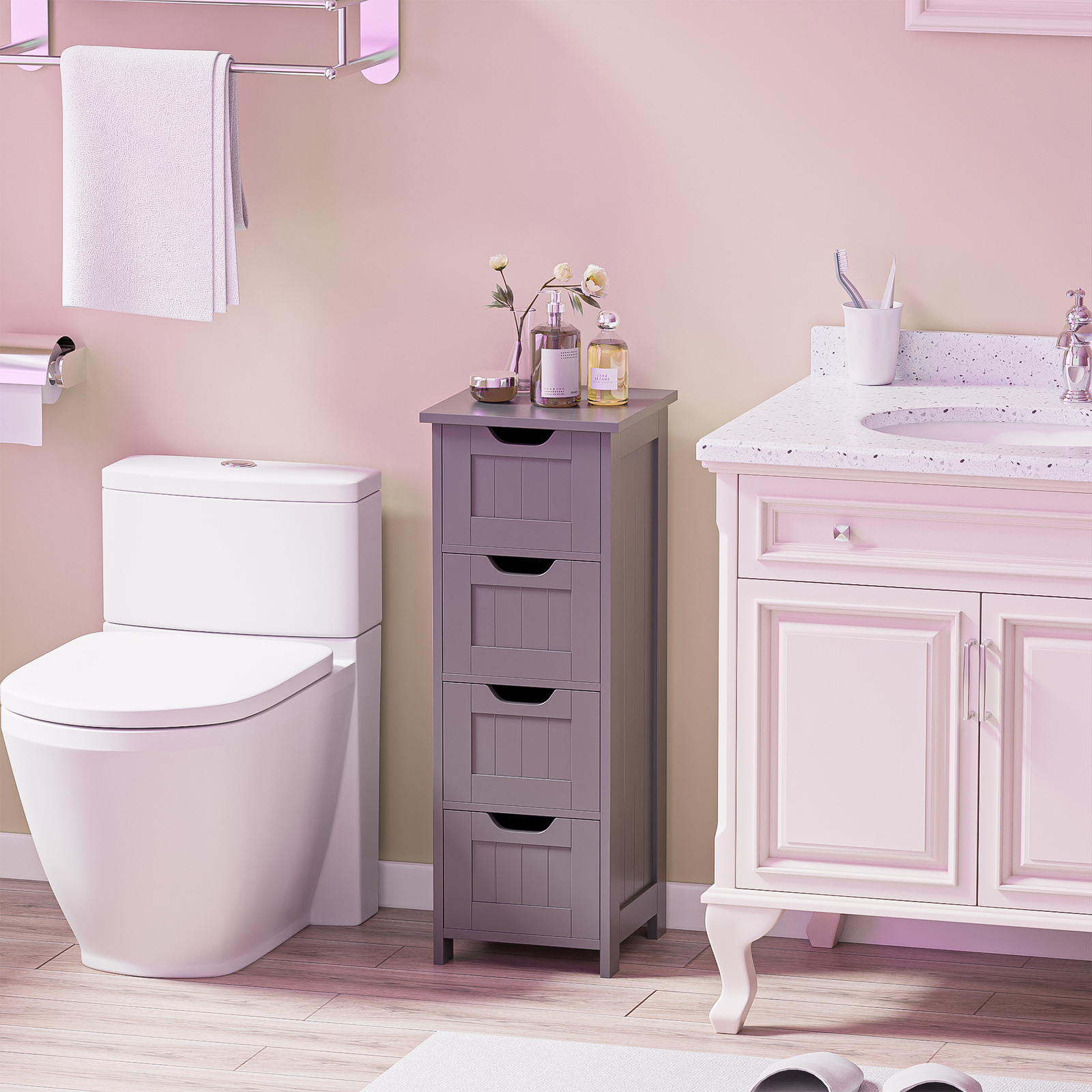 Bathroom Floor Cabinet with 4 Drawers Sturdy Storage Organizer Cabinet Gray