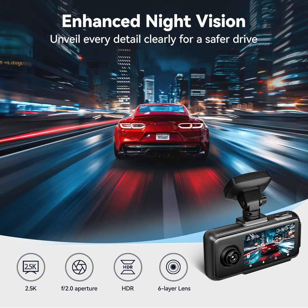 REDTIGER A6 3 Channel Dash Cam, 2.5K+1080P+1080P, 5.8GHz WiFi,3" Touch Screen