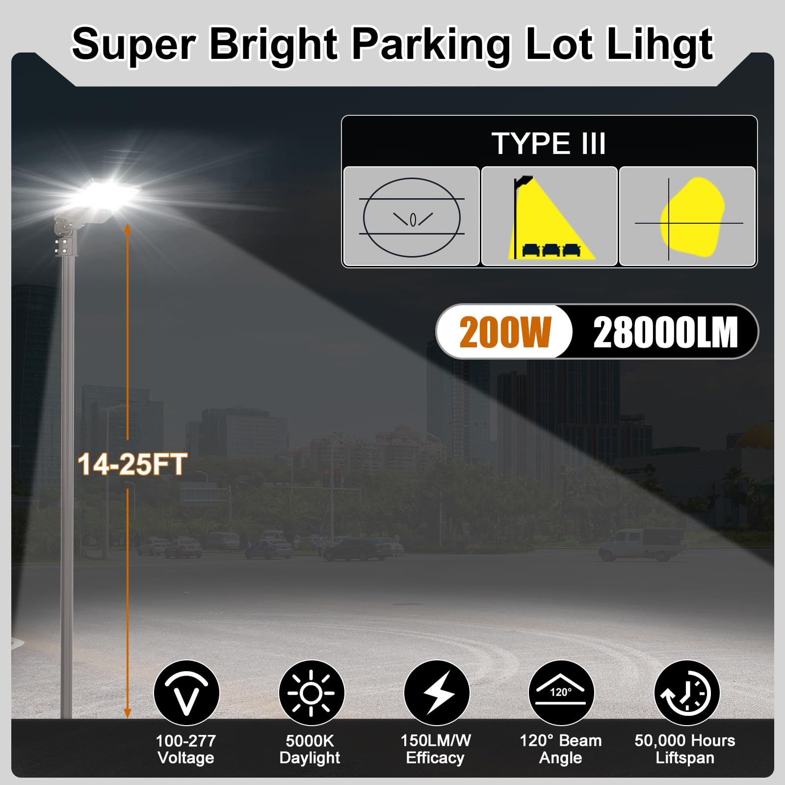 200W LED Parking Lot Light Dusk To Dawn Commercial Shoebox Pole Fixture 28000LM
