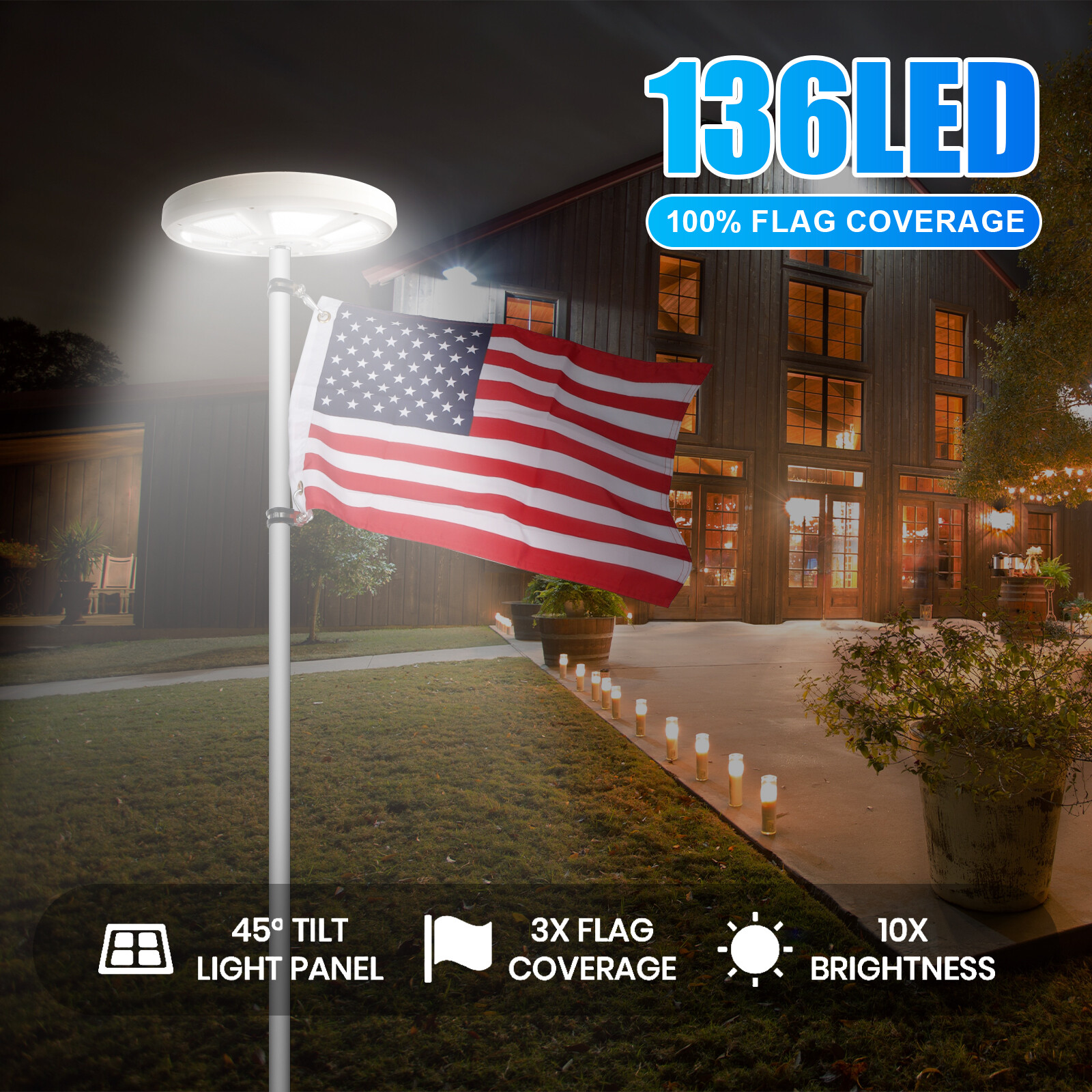 136 LED Solar Flag Pole Light New Super Bright Solar Powered Light Waterproof US