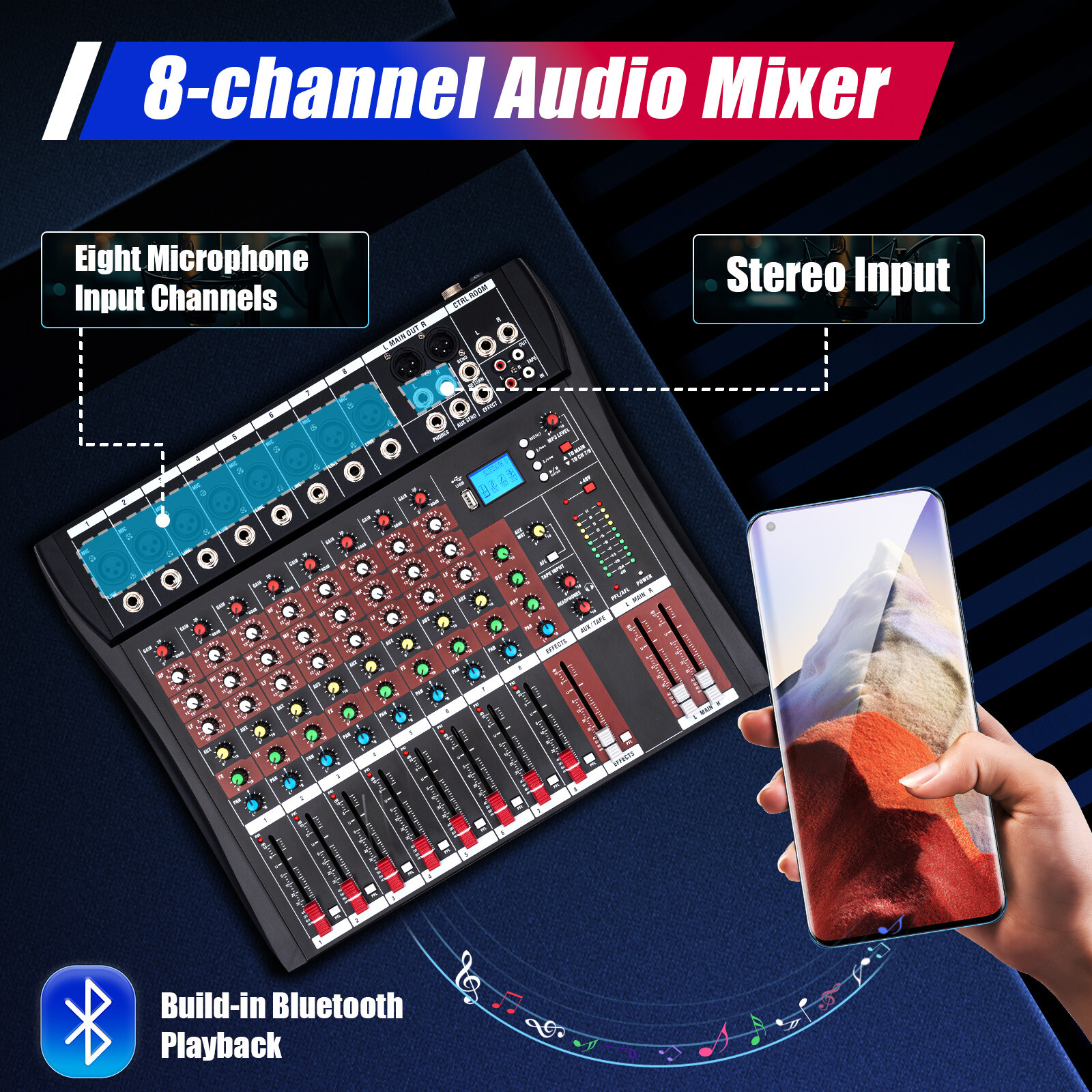 Pro 8 Channel Bluetooth Studio Audio Mixer Live Sound Mixing Console with USB