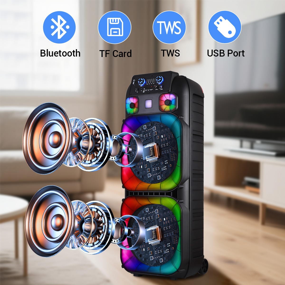 Portable Bluetooth Party Speaker PA System with Dual 15'' Subwoofer 2 Microphone