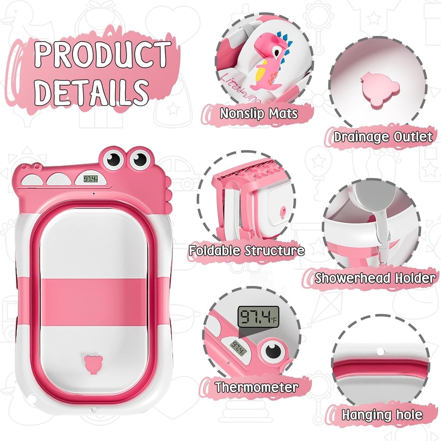 Collapsible Baby Bathtub for Newborn with Thermometer & 1 Hooded Towel & 1 So...