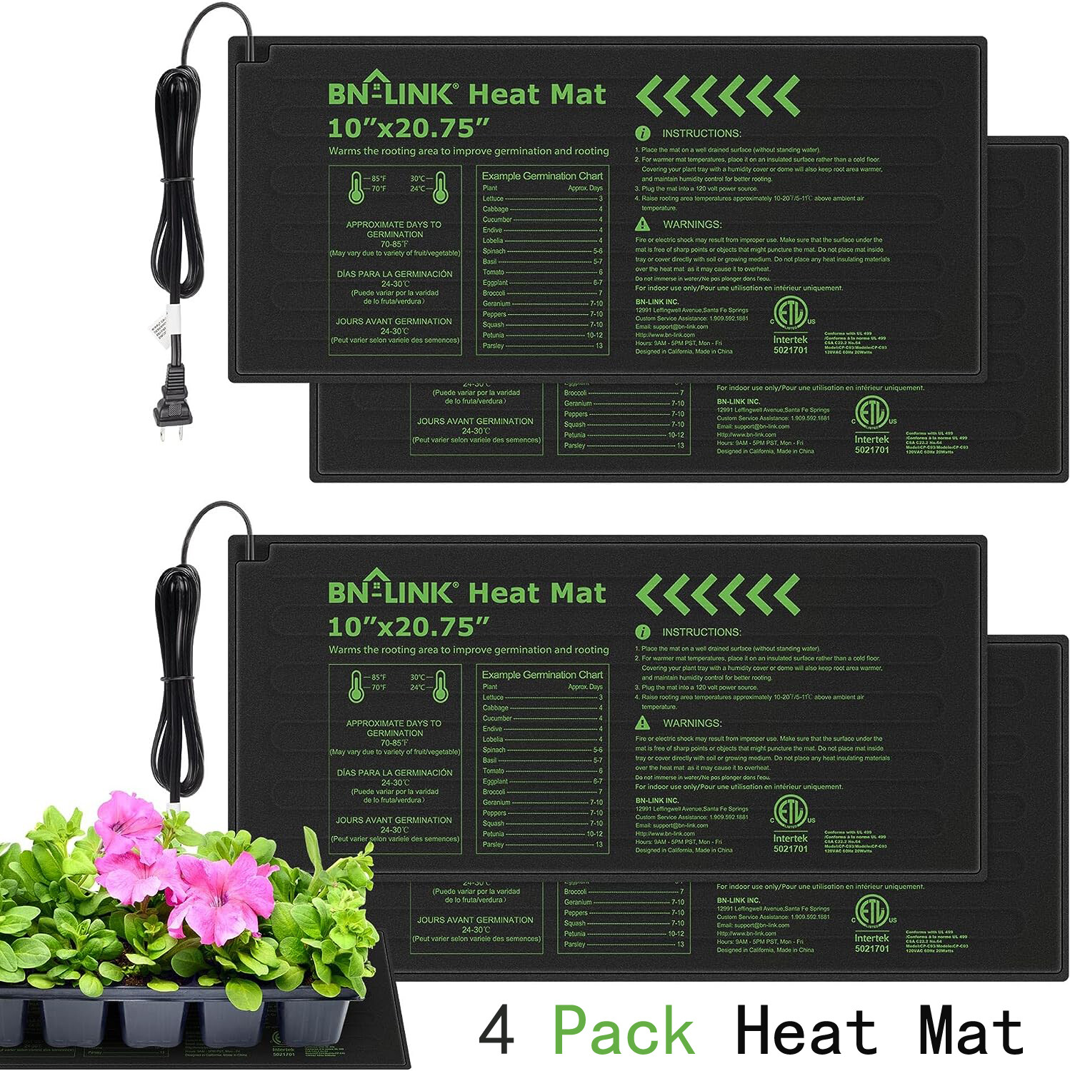 BN-LINK 4Pack Seedling Heat Mat Warm Hydroponic Heating Pad Waterproof 10" x 20"