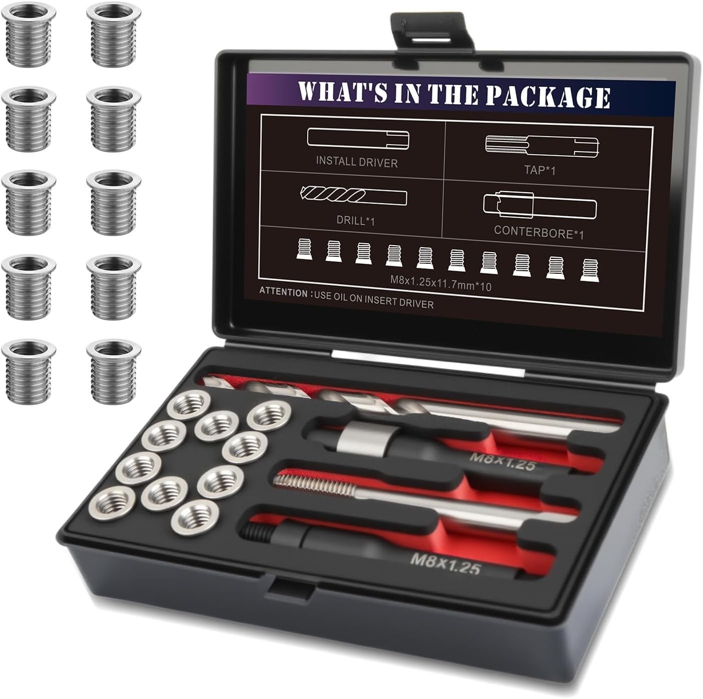 M8x1.25x11.7mmx10pcs Thread Repair Kit with 9.4mm Insert HSS Drill, Tap,