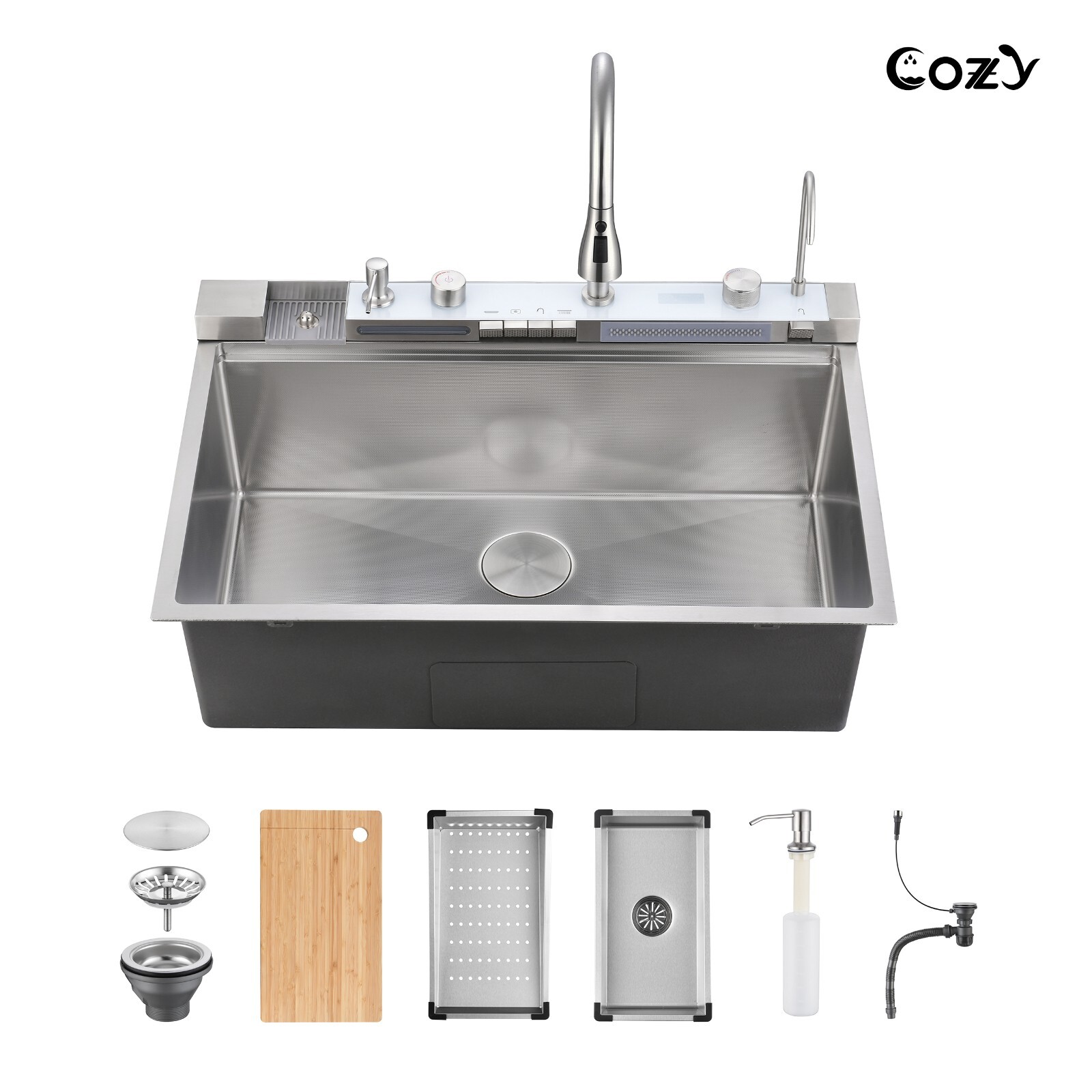 Cozy 33x22" Multifunctional Overmount Kitchen Sink Faucet Combo Brush Nickel