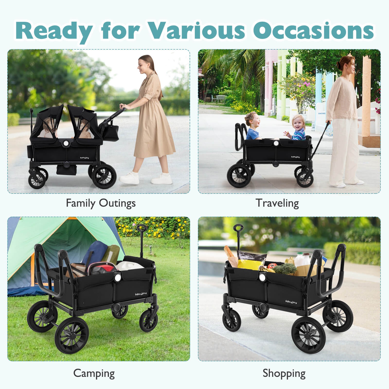 Wagon Stroller for 2 Kids Push Pull Double Stroller with Adjustable Handle