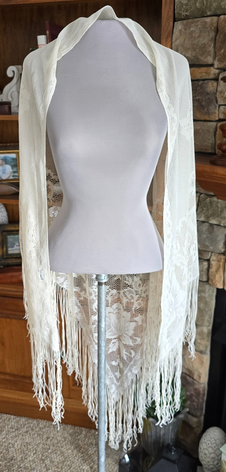 Vintage Large Woven Shawl with Fringe Floral Boho Made In Japan Cream