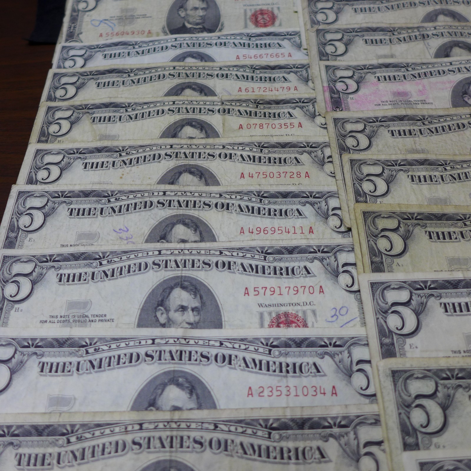 Lot of (50) 1963 Red Seal FIVE Dollar $5 Bills CIRCULATED BILLS - Culls