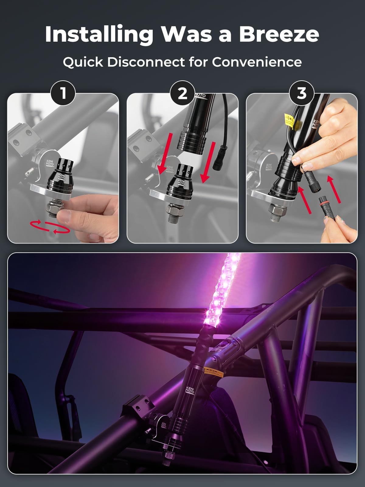 KEMIMOTO 2pc 3ft Bluetooth RGB LED Whip Lights for UTV ATV, Turn Signal Function