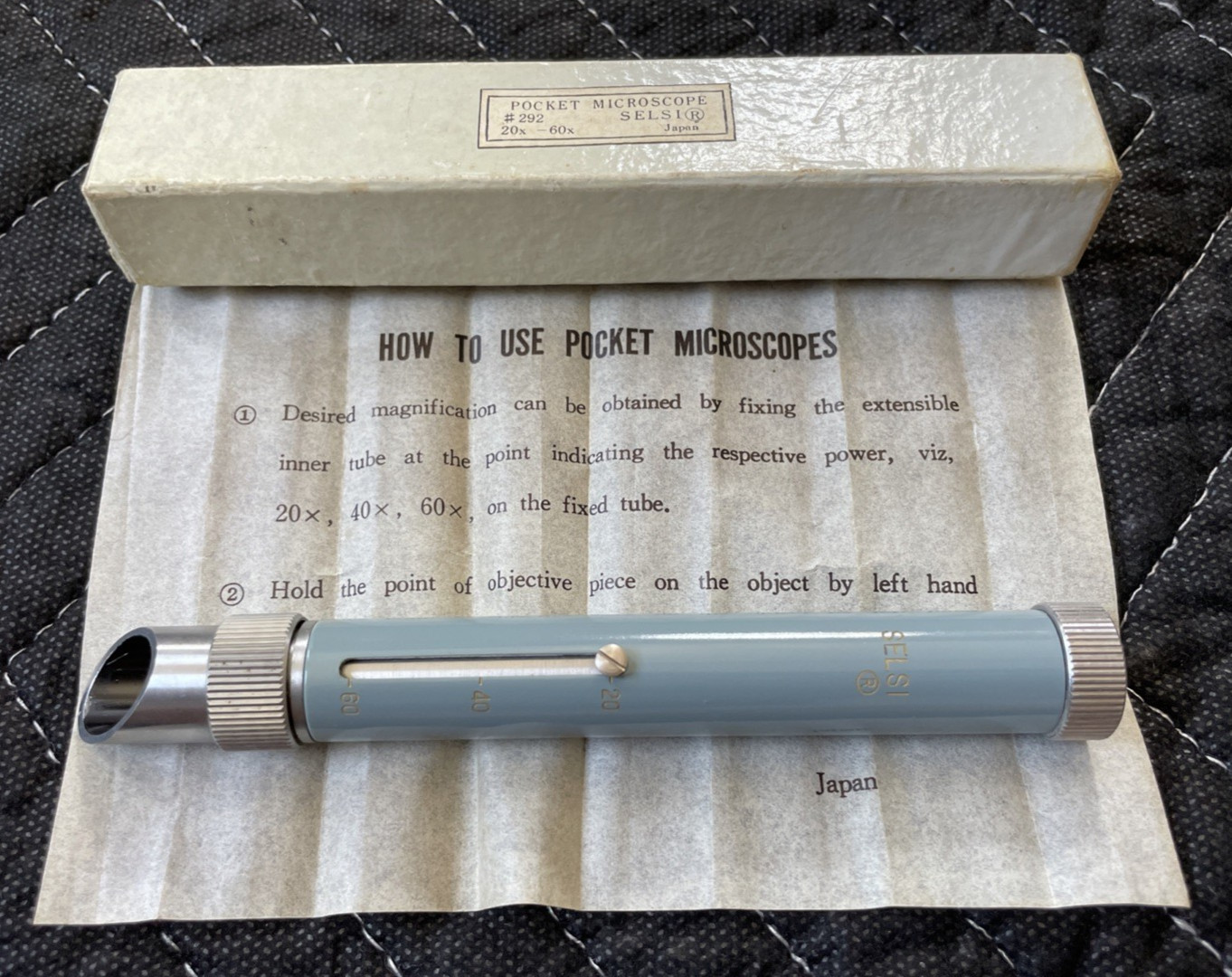 Vintage Selsi #292 20x - 60x Pocket Microscope Scientific Instrument W/Box Japan