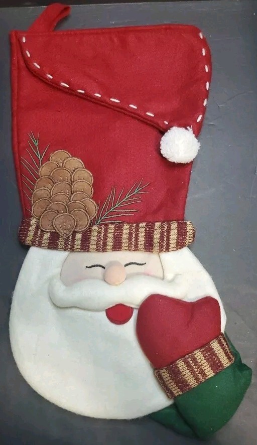 CHRISTMAS EVE 3D SANTA FELTED WOOL PINE CONE MITTEN CHRISTMAS STOCKING 17.5"